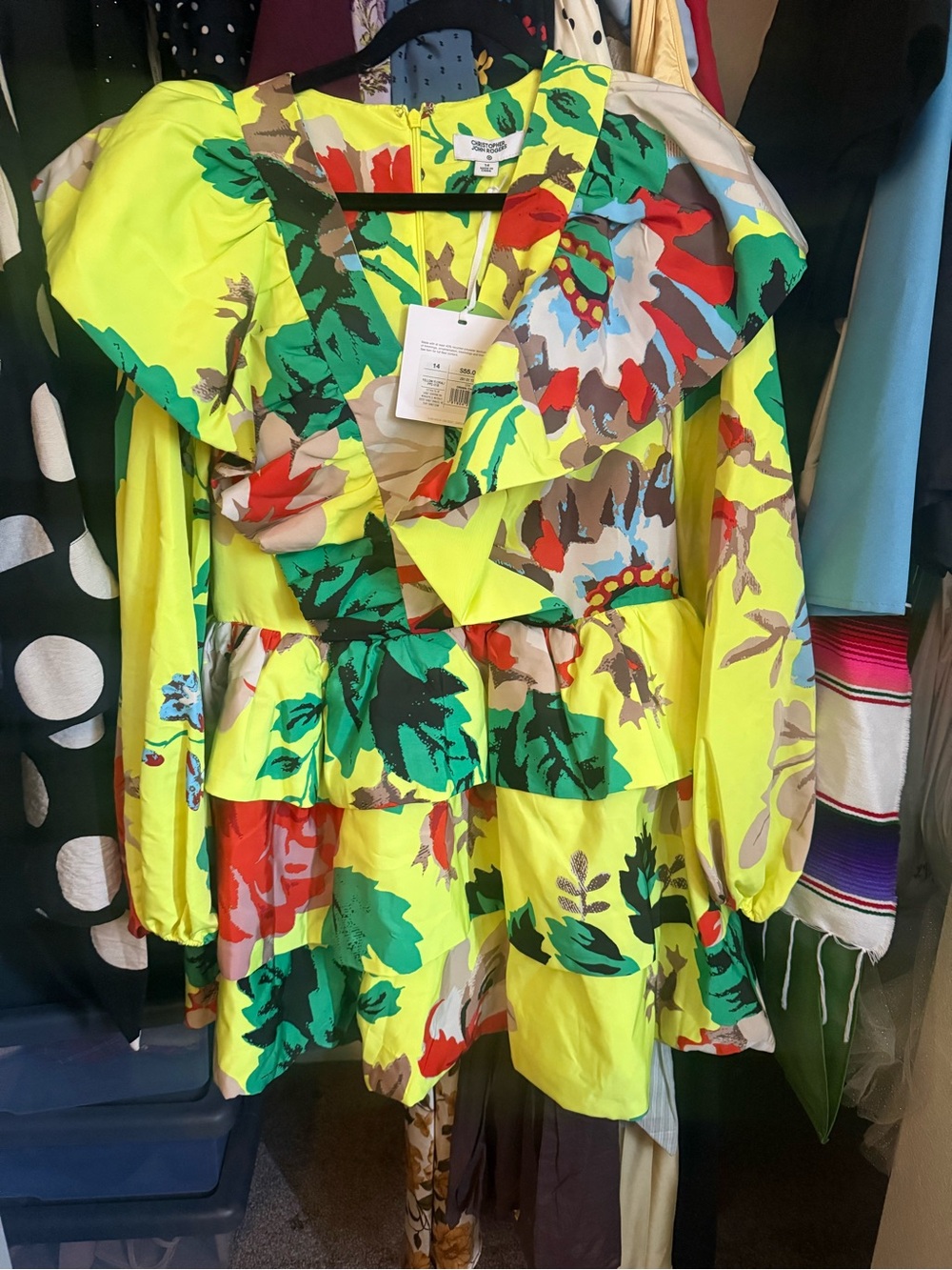 Christopher John Rogers Neon Yellow Multi Floral Ruffled Mini Dress